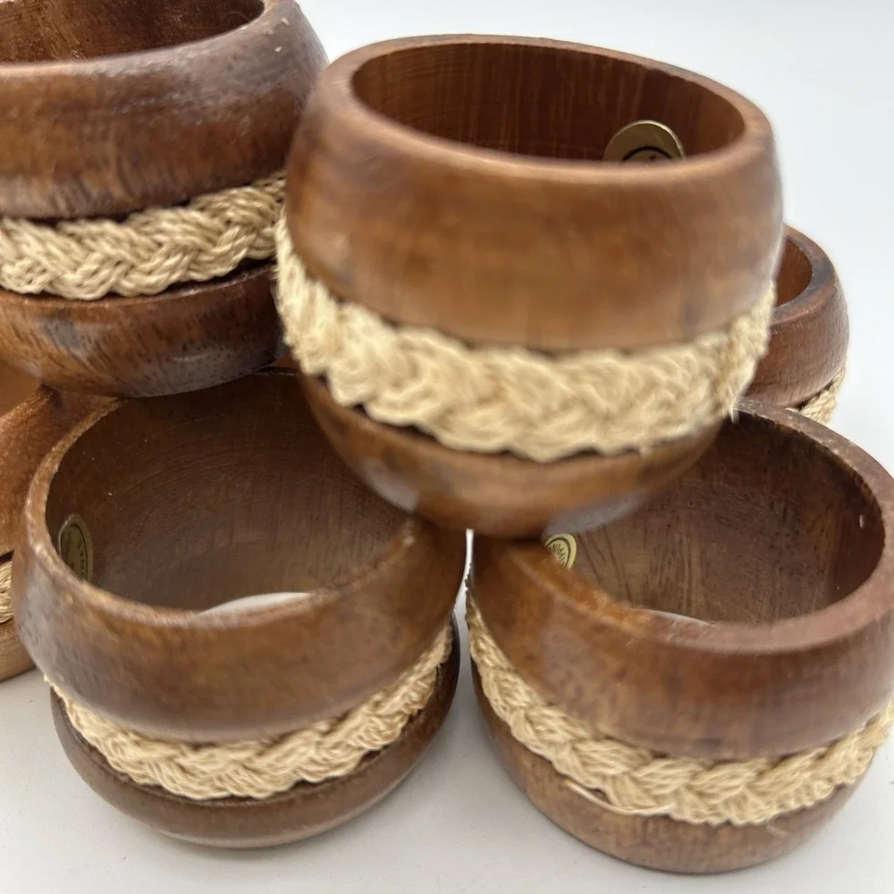 Set of 8 Wood Napkin Rings w/ Braided Jute Band, Brown/Beige Hand Wash Only